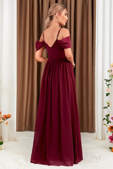A-Line Cold Shoulder Burgundy Formal Dress with Slit