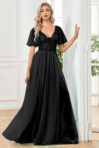 Black A-Line V Neck Long Prom Dress with Sequins
