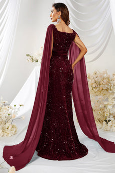Burgundy Mermaid Square Neck Sequins Long Prom Dress with Slit