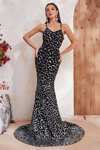 Black Mermaid Spaghetti Straps Sequin Prom Dress