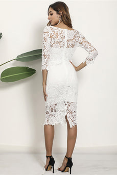 White Sheath Lace Midi Dress With Half Sleeves