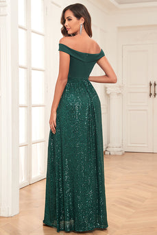 Dark Green A-Line Off The Shoulder Sequins Long Prom Dress