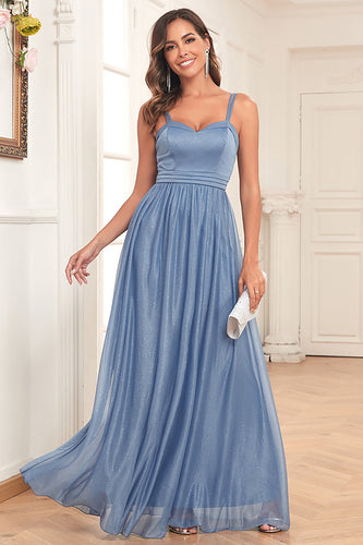 Blue A-Line Spaghetti Straps Long Prom Dress