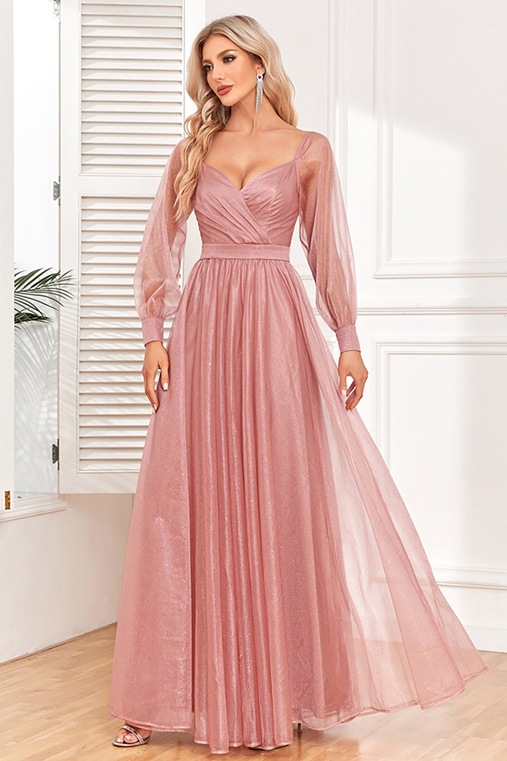 Zapaka Women Dusty Rose A-Line Long Sleeves Prom Dress – ZAPAKA UK