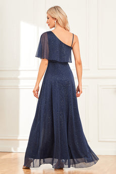 Sparkly A-Line Navy Prom Dress with Slit
