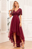 Load image into Gallery viewer, Burgundy A-Line V Neck Short Sleeves High Low Prom Dress
