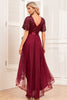 Load image into Gallery viewer, Burgundy A-Line V Neck Short Sleeves High Low Prom Dress