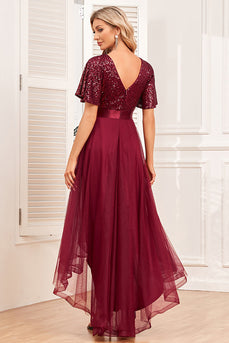 Burgundy A-Line V Neck Short Sleeves High Low Prom Dress