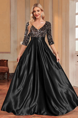 Black A-Line V Neck Sequins Short Sleeves Long Prom Dress