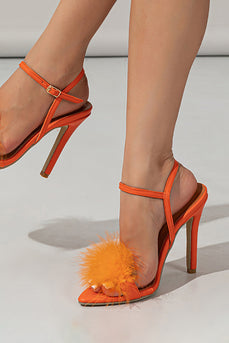 Orange Feathers Open Toe Stiletto Sandals
