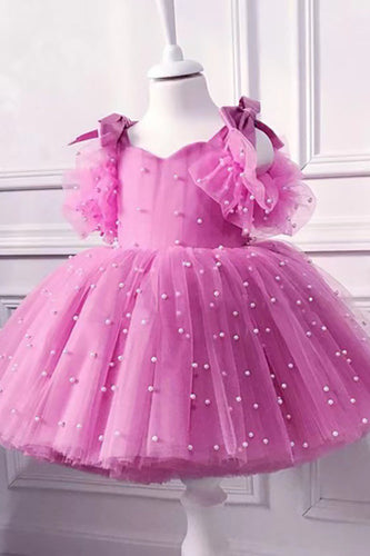 Fuchsia A Line Bowknot Girl Dress With Pearls