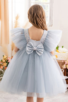 Dusty Blue Cap Sleeves A Line Girl Dress With Bow