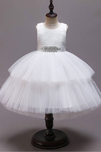 White A-Line Tiered Flower Girl Dress with Lace