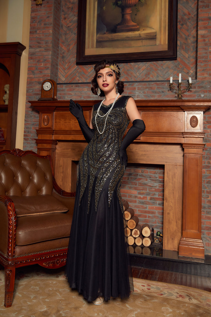 Load image into Gallery viewer, Black Golden Sequins Long 1920s Dress