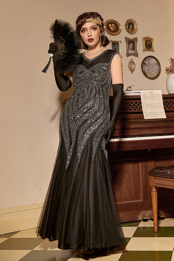 Black Silver Sequins Long 1920s Dress