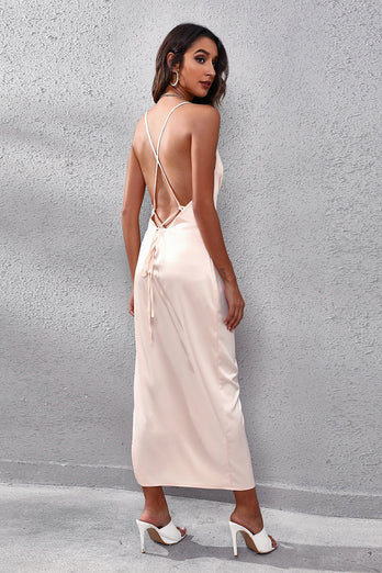 Champagne Backless Prom Dress with Slit