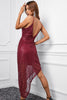 Load image into Gallery viewer, Sequins Asymmetrical Burgundy Prom Dress