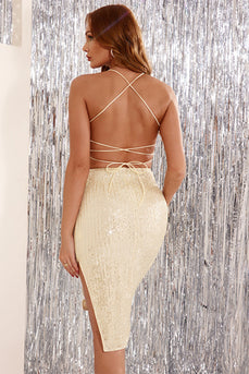 Beige Sequins Backless Cocktail Dress