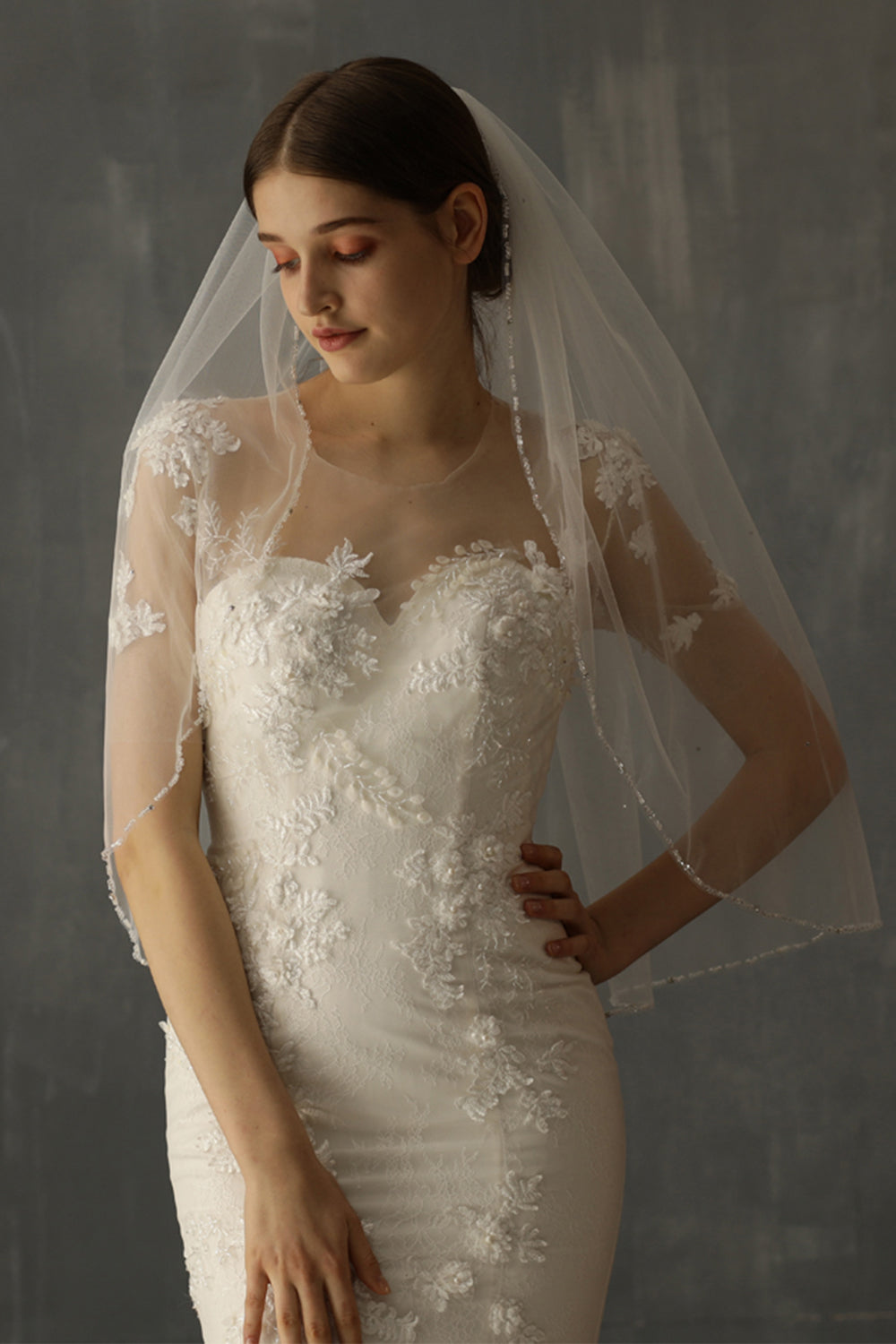 White Handmade Beaded Mid-Length Bridal Veil