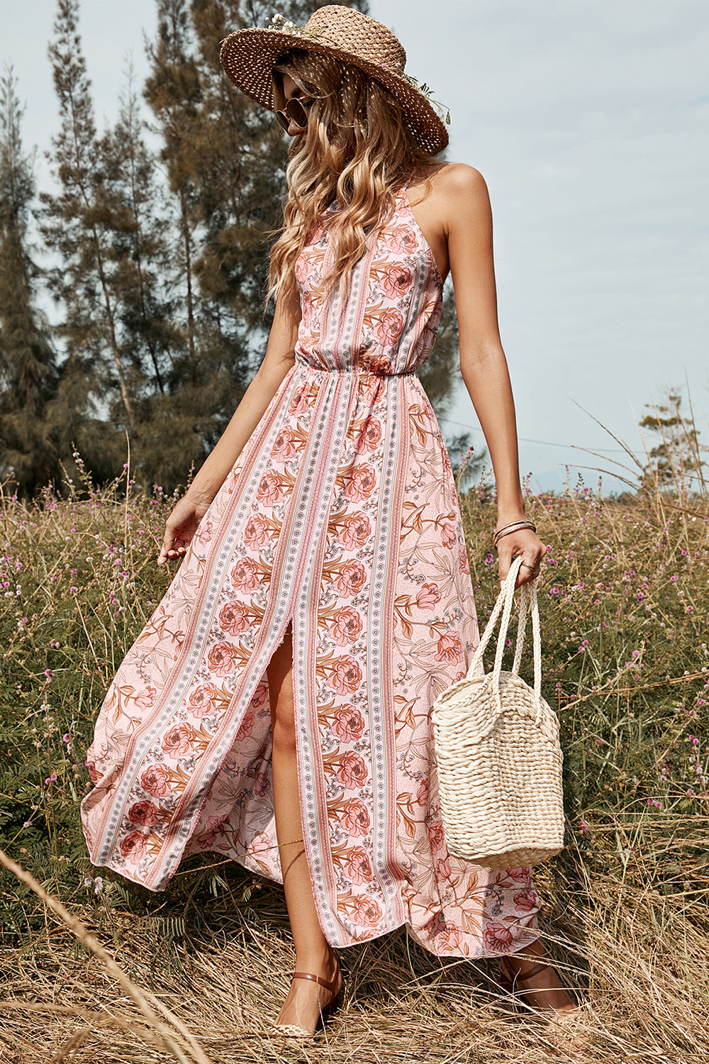 Flower Print Halter Summer Boho Dress