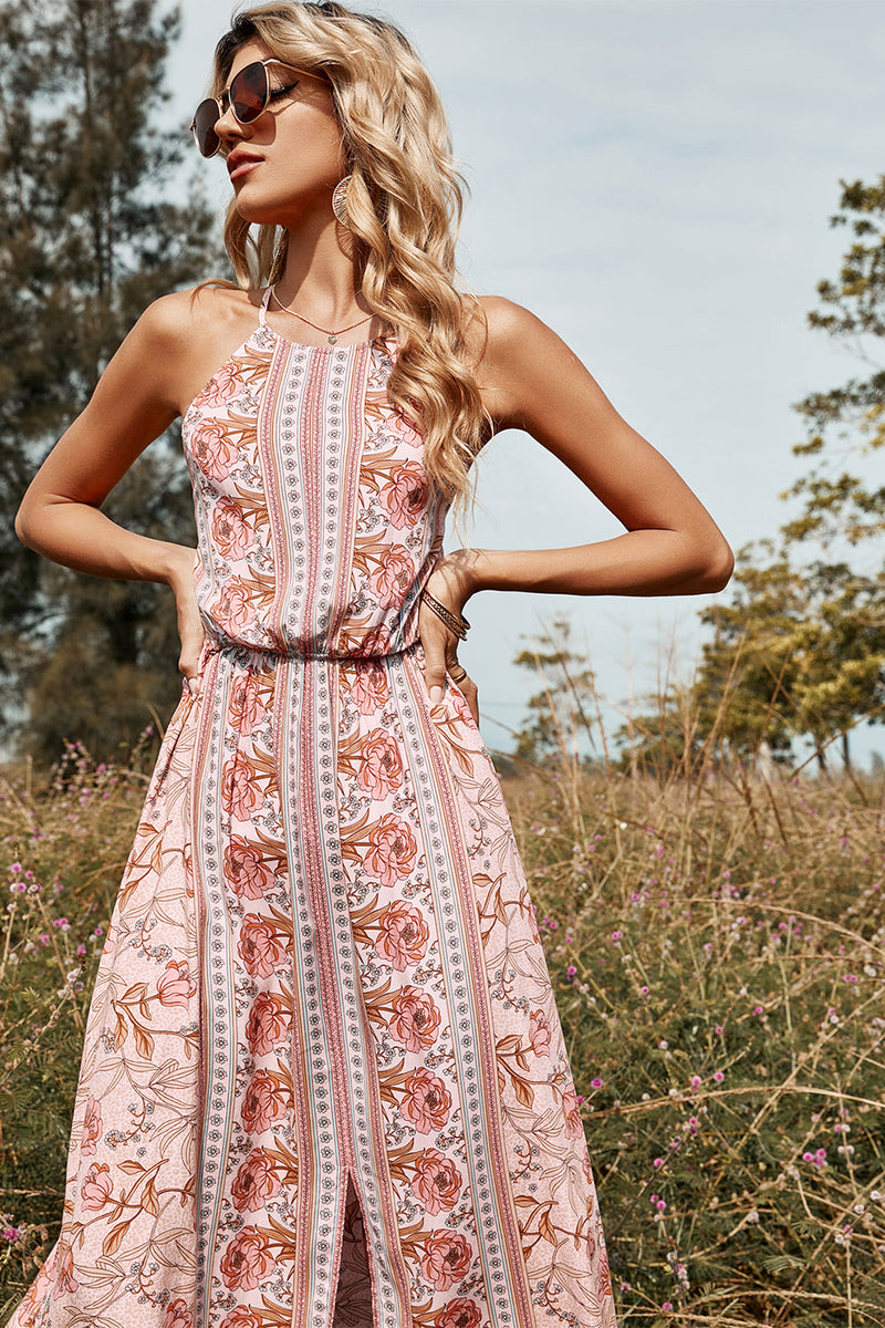 Load image into Gallery viewer, Flower Print Halter Summer Boho Dress