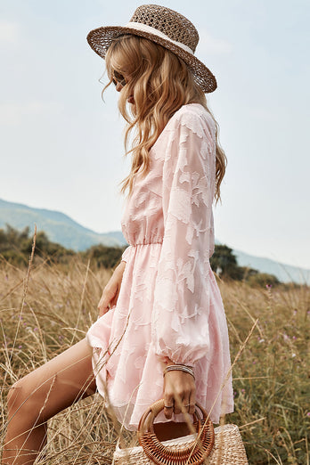 Pink Long Sleeves Summer Casual Dress