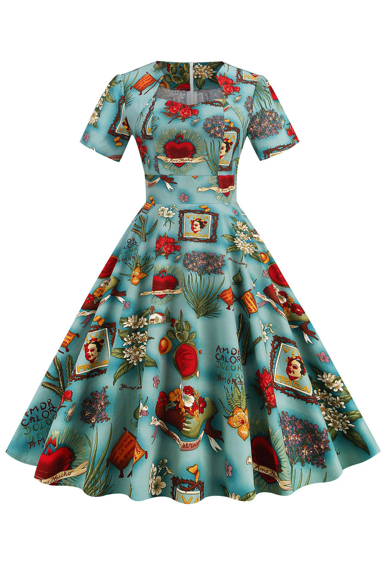 Load image into Gallery viewer, Green Floral Vintage 1950s Dress with Sleeves