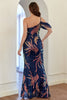 Load image into Gallery viewer, Navy One Shoulder Sequins Prom Dress with Slit