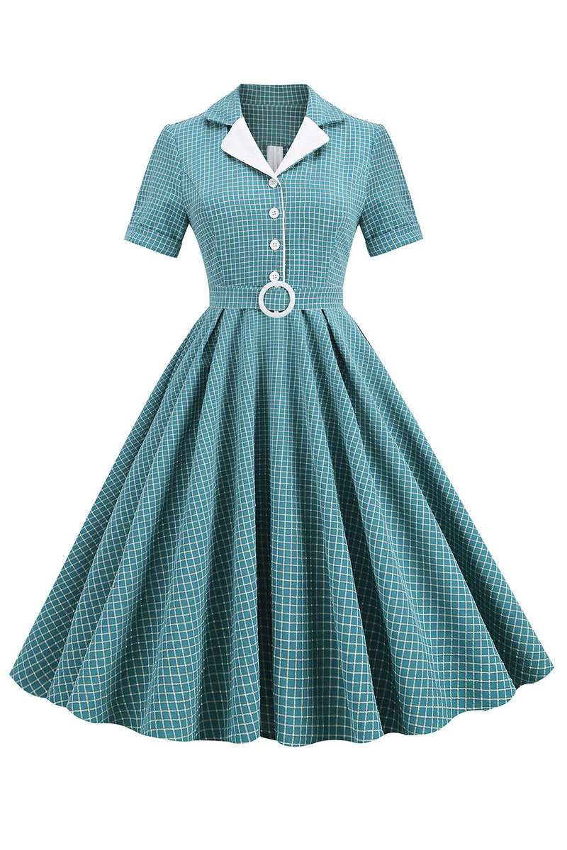 Load image into Gallery viewer, Vintage V Neck Blue Plaid 1950s Dress