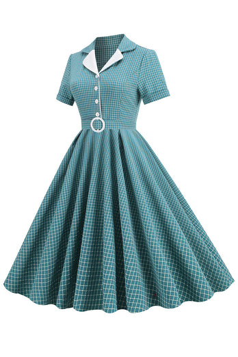 Vintage V Neck Blue Plaid 1950s Dress