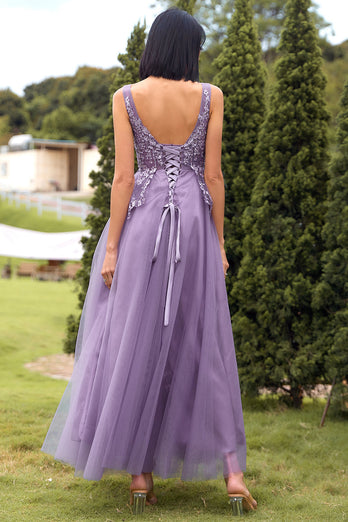 A-Line V-Neck Purple Long Prom Dress with Appliques