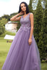 Load image into Gallery viewer, A-Line V-Neck Purple Long Prom Dress with Appliques