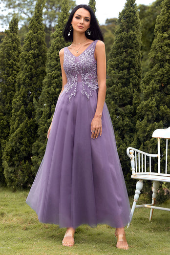 A-Line V-Neck Purple Long Prom Dress with Appliques