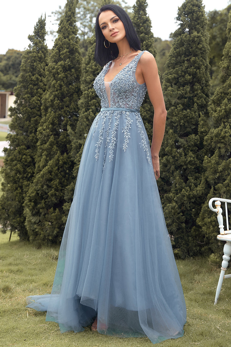 Load image into Gallery viewer, A-line Long Blue Prom Dress with Appliques