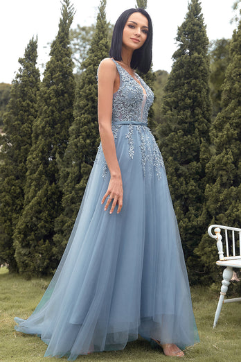A-line Long Blue Prom Dress with Appliques