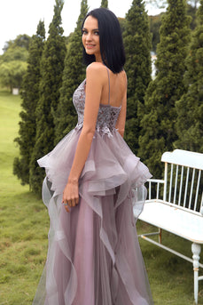 A-Line Spaghetti Straps Purple Grey Long Prom Dress with Appliques