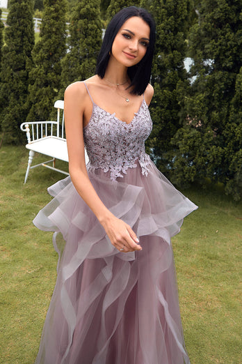 A-Line Spaghetti Straps Purple Grey Long Prom Dress with Appliques