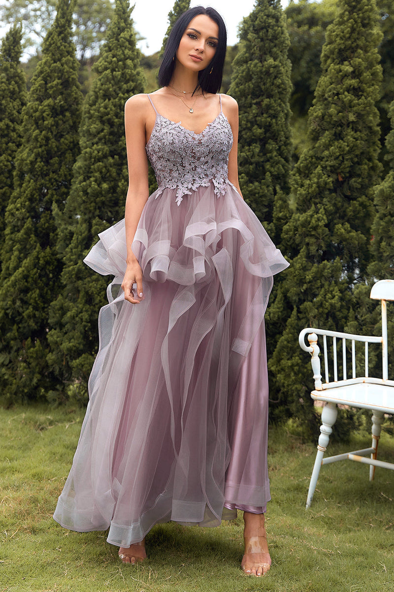 Load image into Gallery viewer, A-Line Spaghetti Straps Purple Grey Long Prom Dress with Appliques