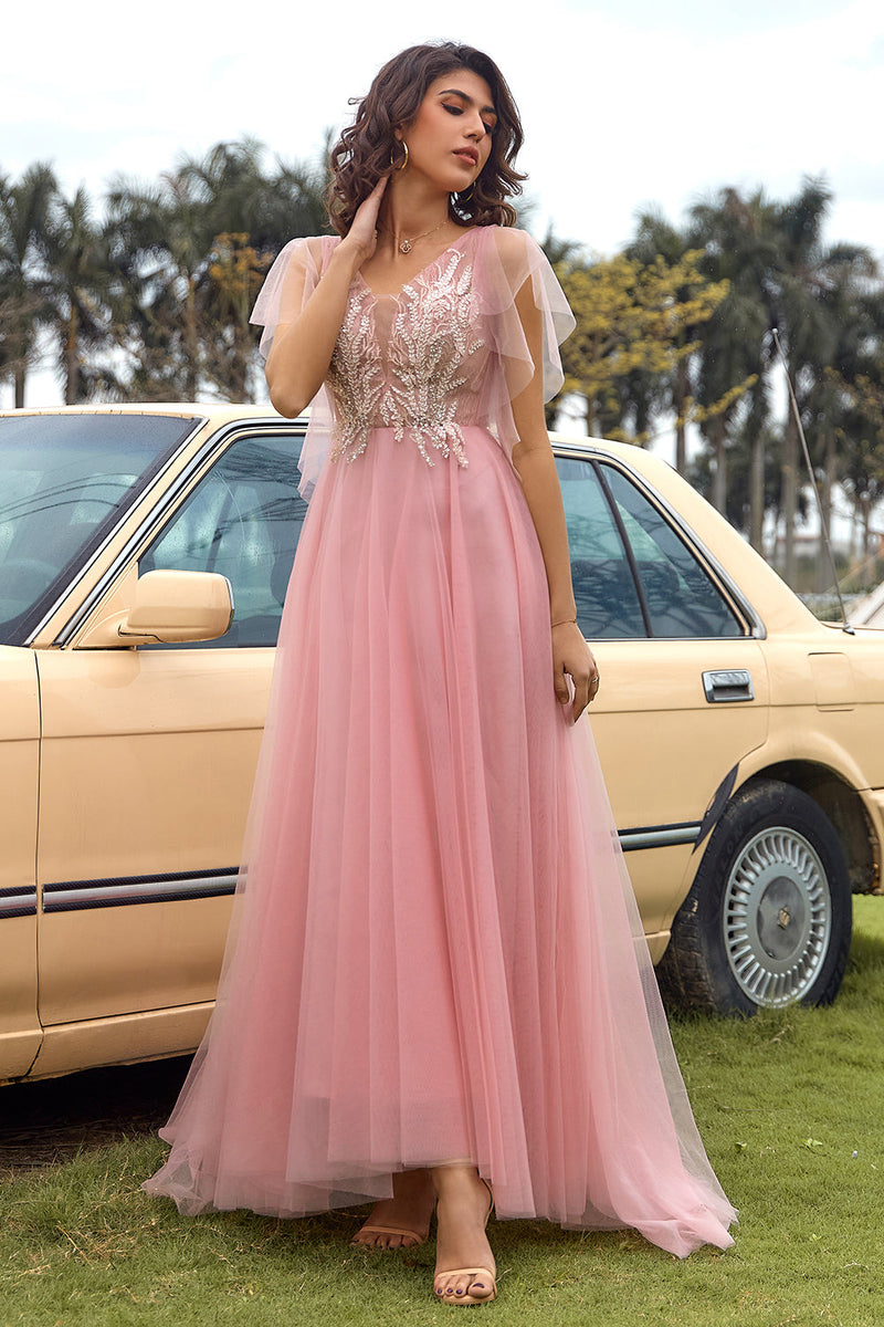Load image into Gallery viewer, A-Line V-Neck Blush Long Prom Dress with Appliques