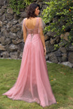 A-Line V-Neck Blush Long Prom Dress with Appliques