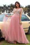 A-Line V-Neck Blush Long Prom Dress with Appliques