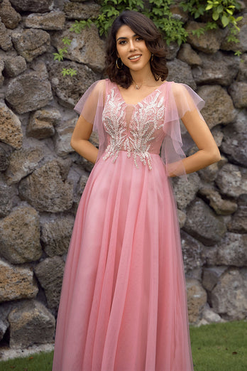A-Line V-Neck Blush Long Prom Dress with Appliques