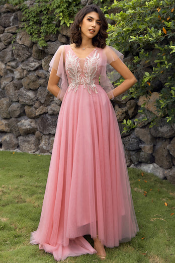 A-Line V-Neck Blush Long Prom Dress with Appliques