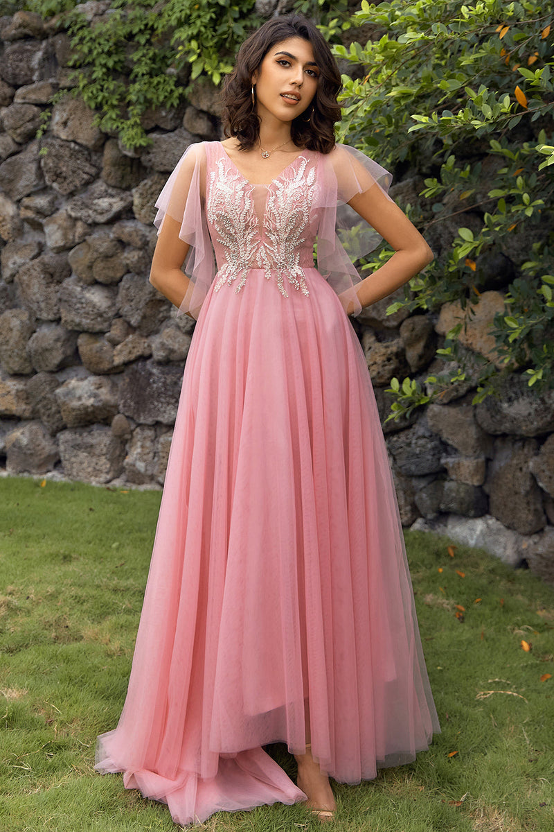 Load image into Gallery viewer, A-Line V-Neck Blush Long Prom Dress with Appliques