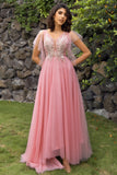 A-Line V-Neck Blush Long Prom Dress with Appliques
