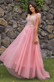 A-Line V-Neck Blush Long Prom Dress with Appliques