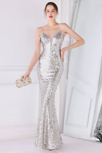 Silver Pink Sequined Spaghetti Straps Mermaid Prom Dress