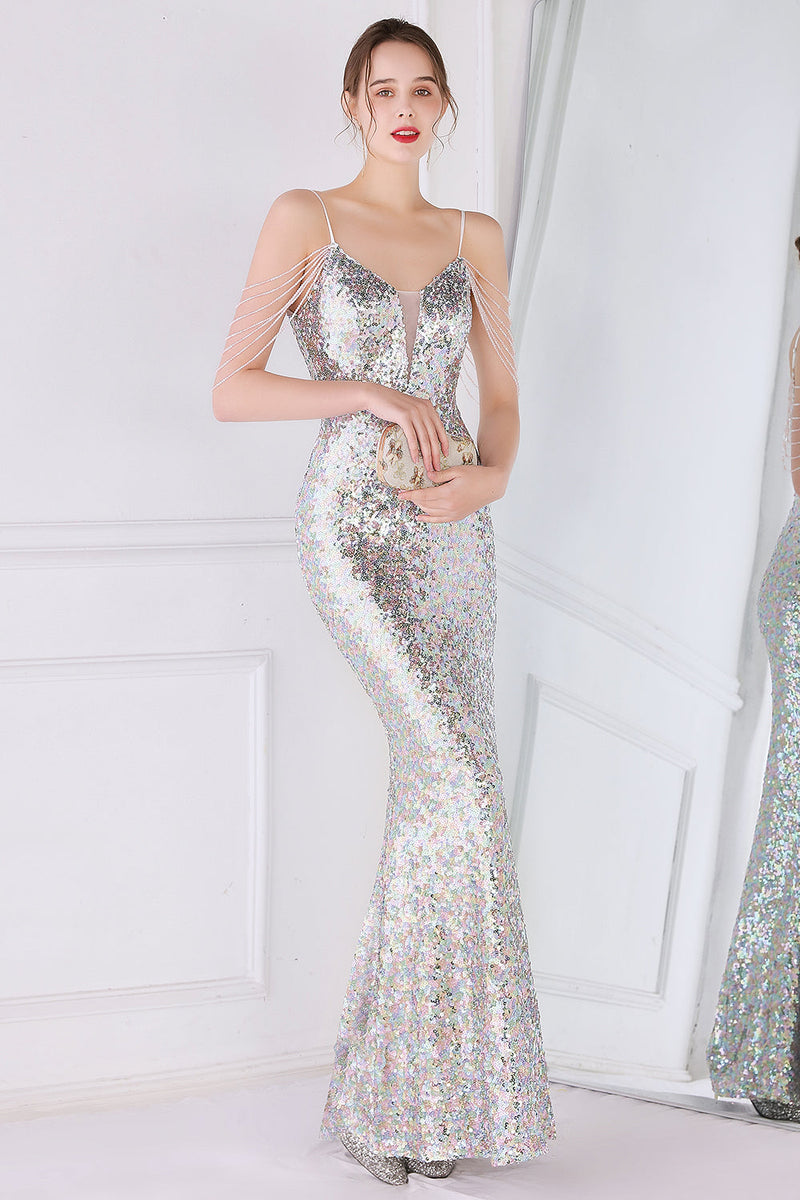 Load image into Gallery viewer, Silver Pink Sequined Spaghetti Straps Mermaid Prom Dress