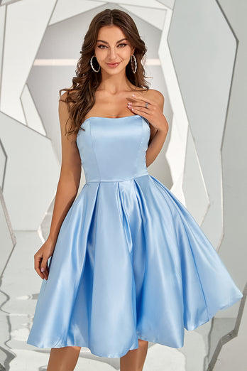 Sky Blue Strapless Satin Short Prom Dress