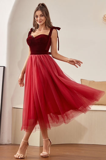 Burgundy Tulle Graduation Dress with Bowknot
